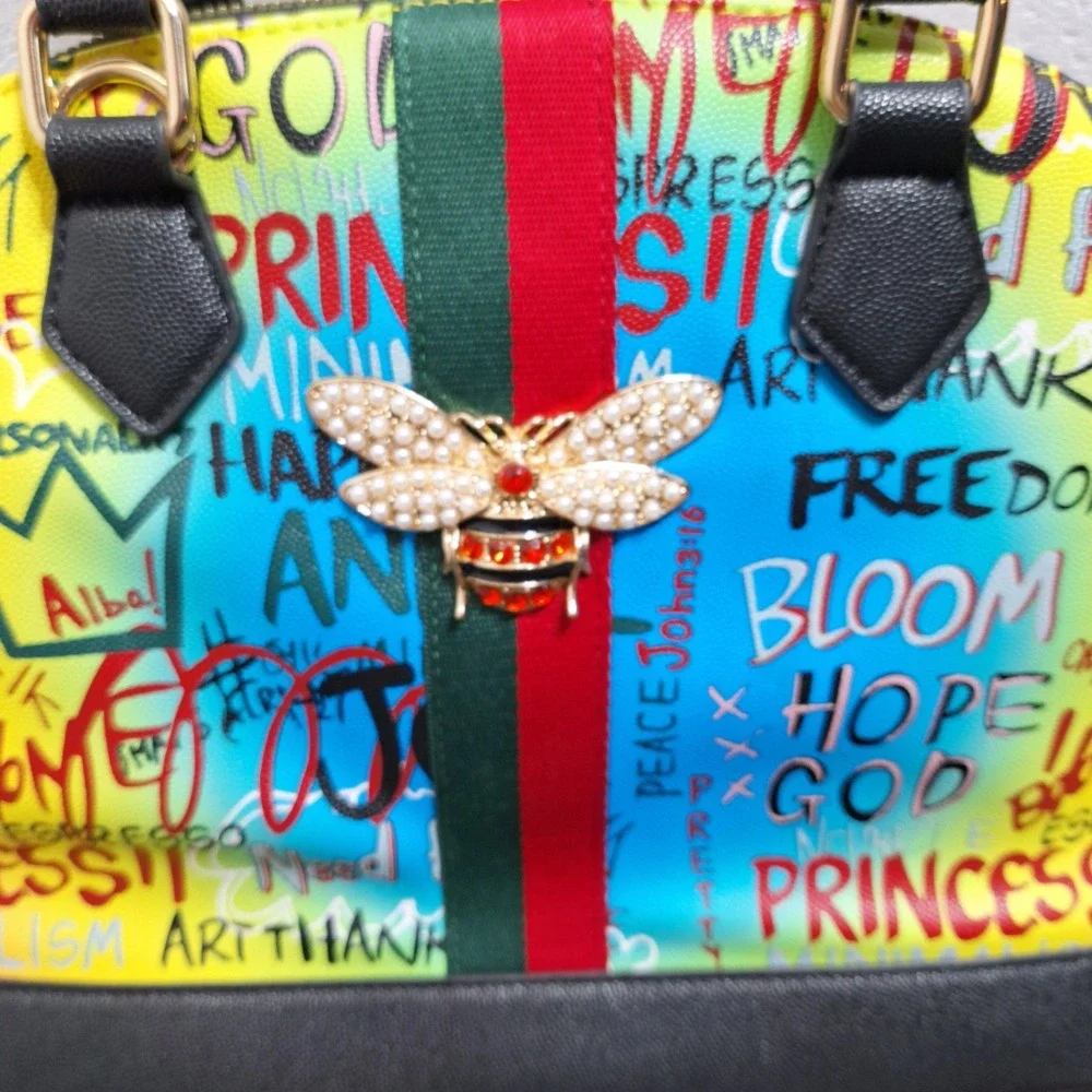 Alba Graffiti Print Dome Satchel Bag Multicolor Bee Emblem Web Stripe Street Art